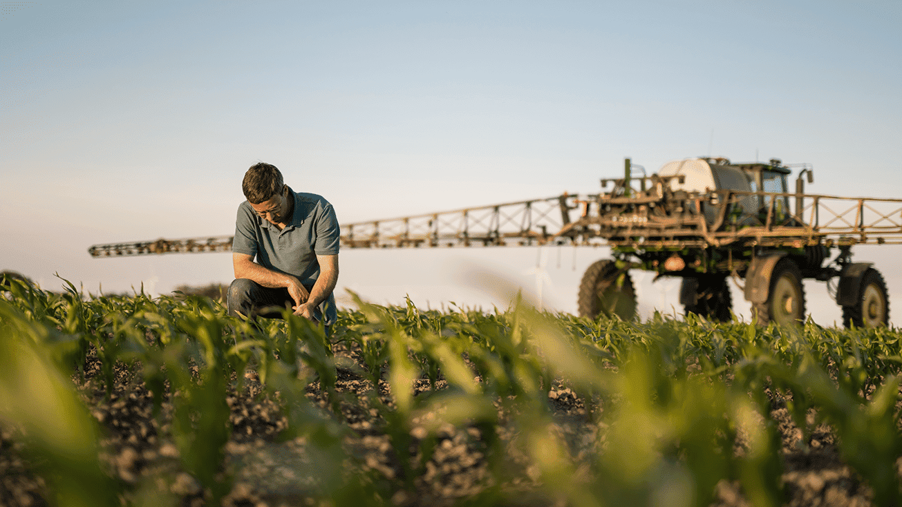 A man, equipped with a sprayer, attentively kneeling in a field as he attends to the Farm's Cash Flow.