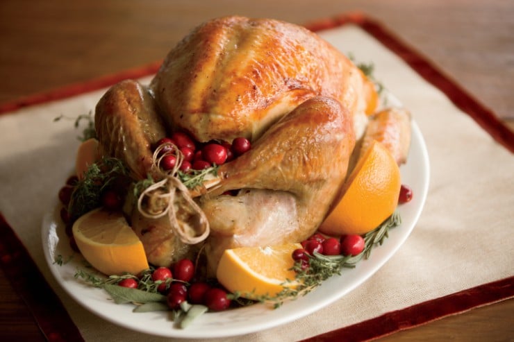 A 2018 Thanksgiving feast featuring a turkey garnished with oranges and cranberries, served on a plate.
