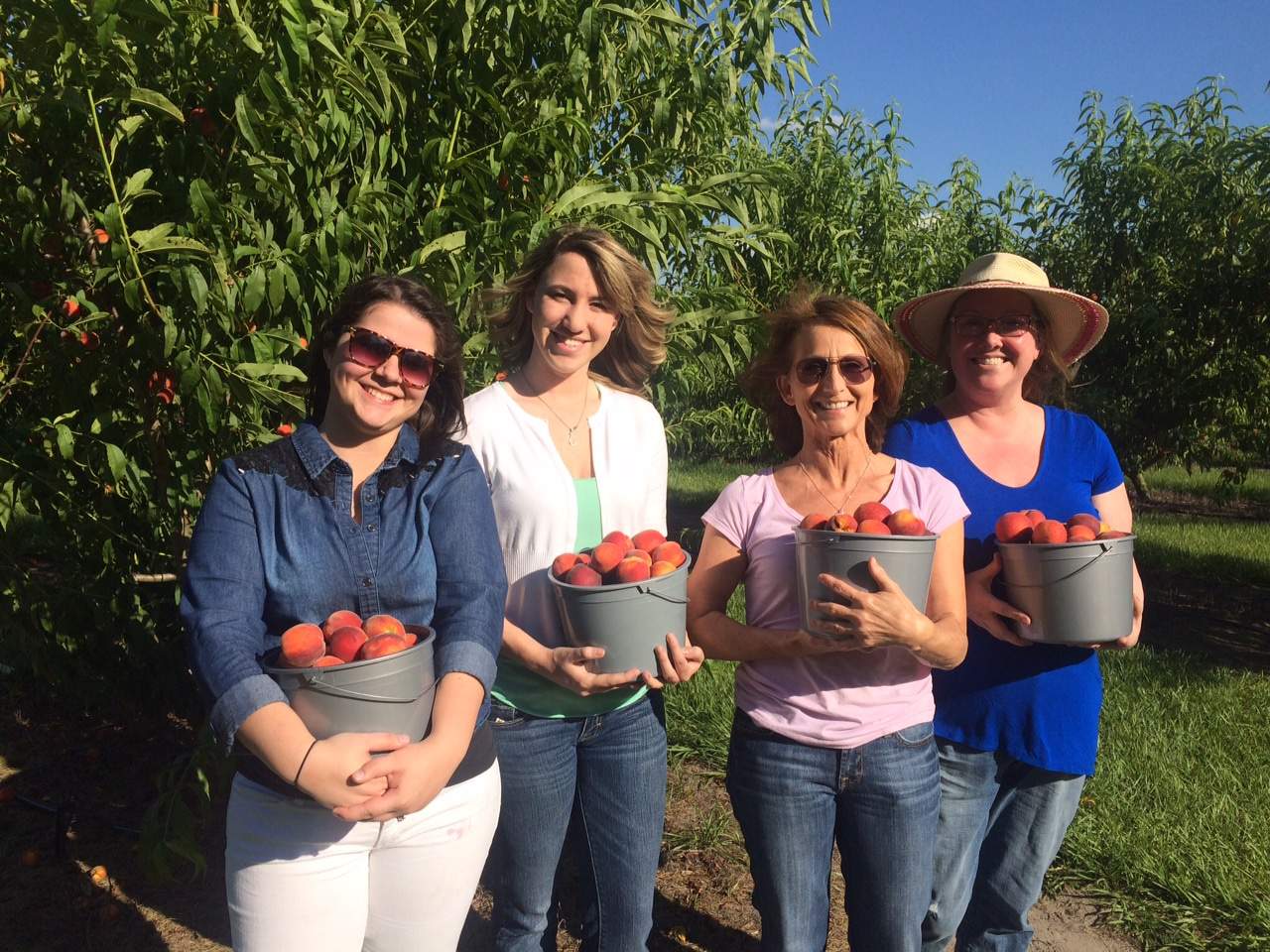 Four women standing in a delicious orchard holding buckets of peaches.
