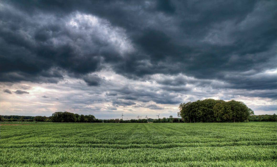 green field with dark clouds
