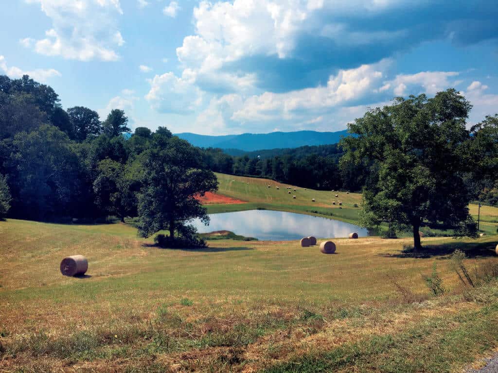 Rolling hills and American farmland.