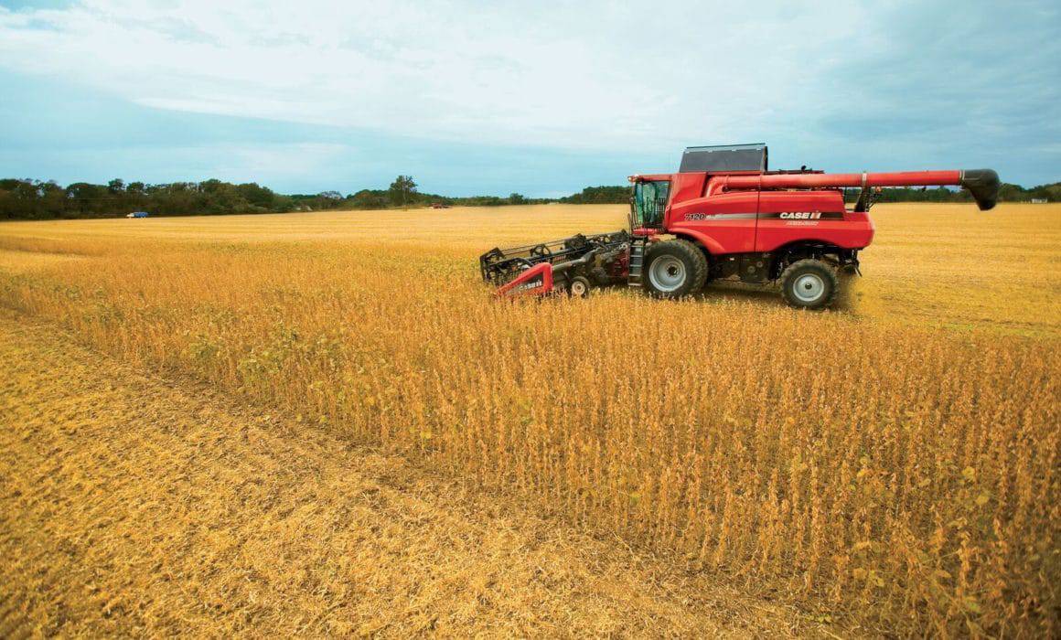 soybean field with red tractor