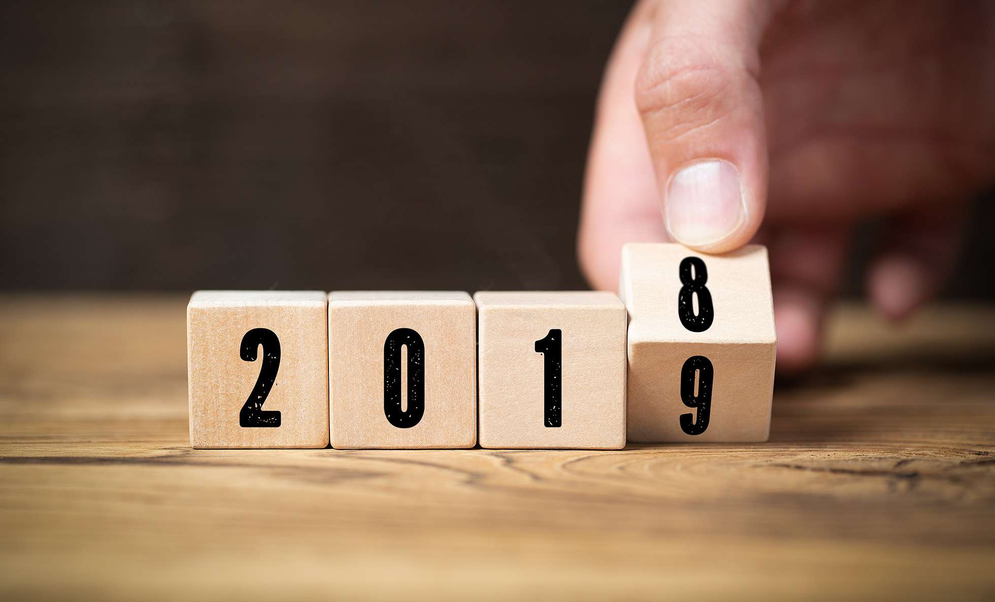 A hand is holding wooden blocks with the word 2019 written on them, preparing for the upcoming year.