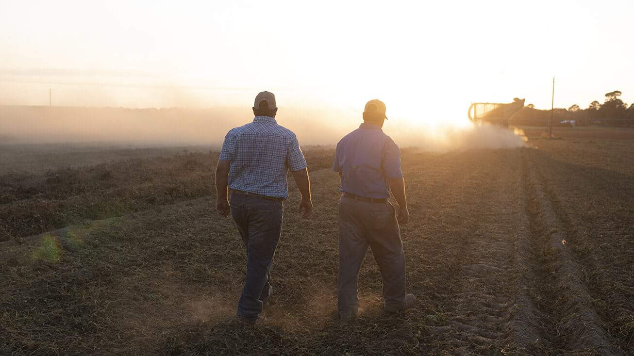 American farmers walking through a harvested field.