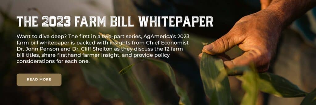 Want to dive deep? The first in a two-part series, AgAmerica’s 2023 farm bill whitepaper is packed with even more insights from Chief Economist Dr. John Penson and Dr. Cliff Shelton as they discuss the 12 farm bill titles, share firsthand farmer insight, and provide policy considerations for each one.