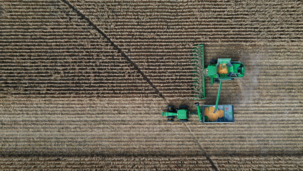 An aerial view of an agricultural combine harvester in a field.