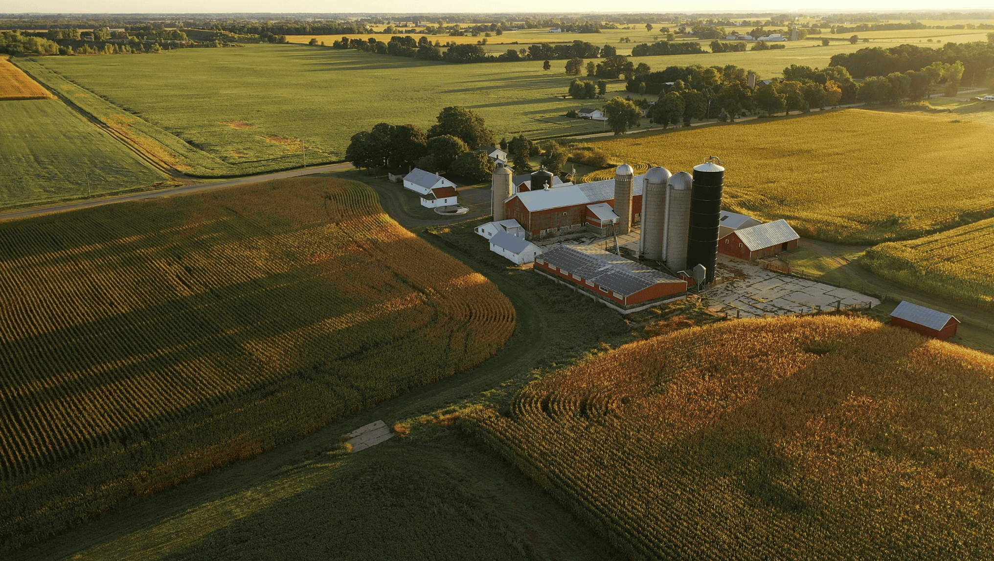 Aerial view of a countryside farm with barns, silos, crops, and fields extending to the horizon under a clear sky. This picturesque landscape serves as a reminder for aspiring farmers to avoid mistakes when securing a rural land loan.