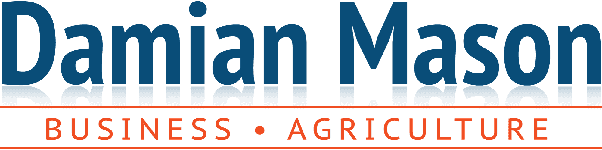 Text reading "Damian Mason" in blue, with "BUSINESS • AGRICULTURE" elegantly crafted in orange below, reflecting his expertise as an American Farmland Owner.