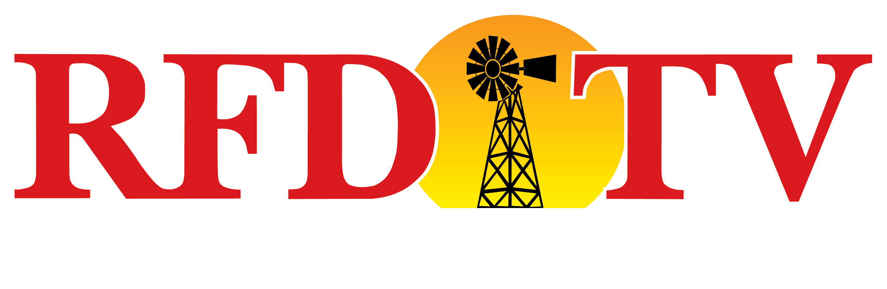 The RFD-TV The Magazine logo features bold red "RFD-TV" text, a classic windmill silhouette set against a vibrant orange sun, and "The Magazine" in clean white below. Perfect for enthusiasts from San Antonio to CattleCon, it captures the essence of rural life.