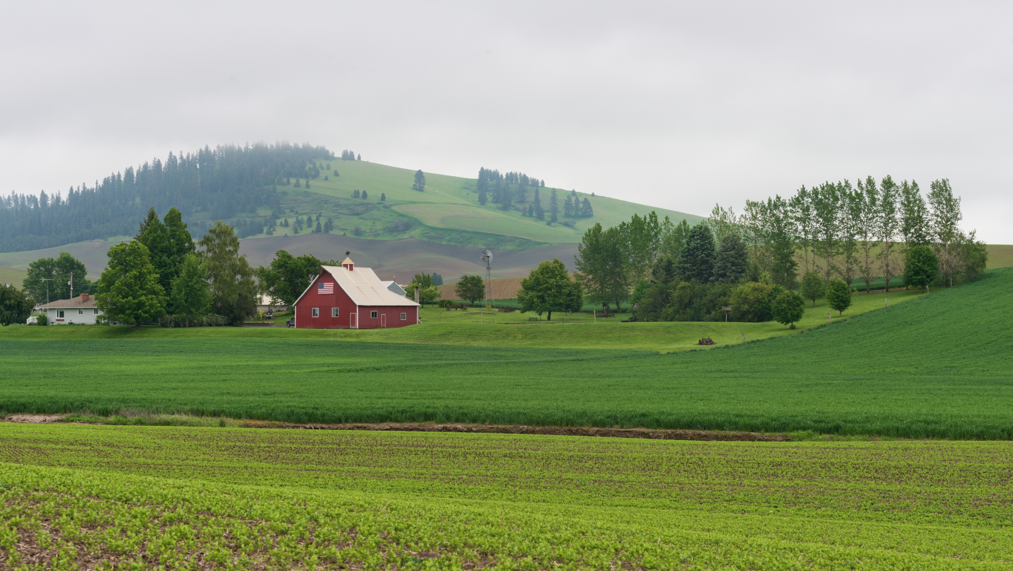 A red barn stands among green fields and trees, part of the Big Beautiful Bill Series, with a rolling hill and cloudy sky in the background.