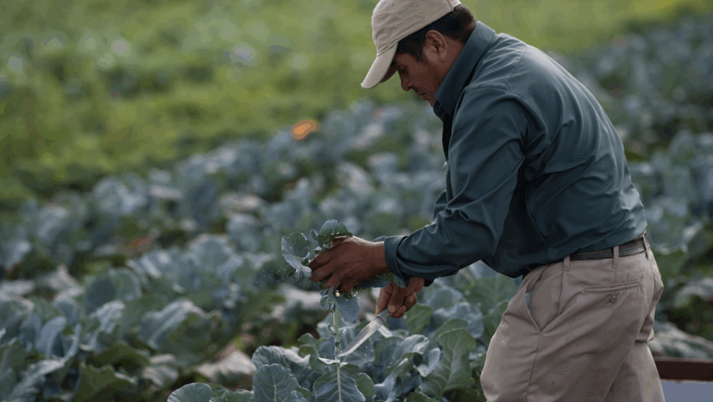 A man wearing a cap and jacket harvests leafy vegetables with a knife in a field of green crops, highlighting the essential role of farm labor.